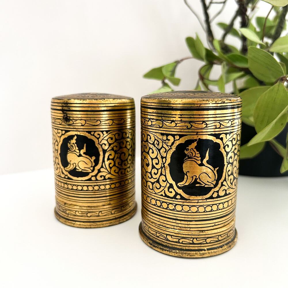 Lot of 2 Vintage Burmese Lacquered Betel Boxes Gold Black Burma Decor